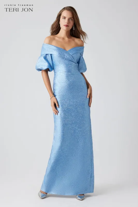 Metallic Jacquard Off Shoulder Puff Sleeve Gown sold by Teri Jon