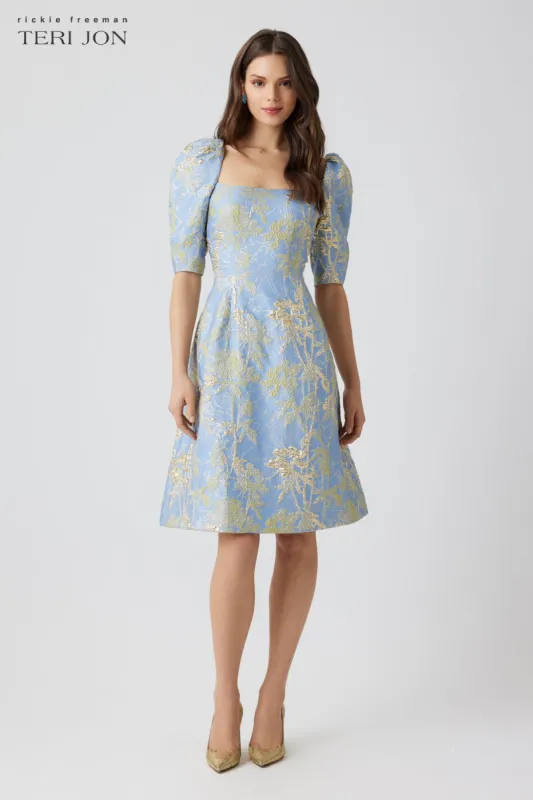 Metallic Jacquard Square Neck Puff Sleeve Dress sold by Teri Jon