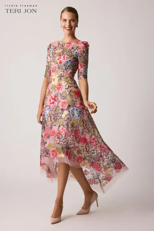 Embroidered Floral High Low Fit N Flare Dress sold by Teri Jon