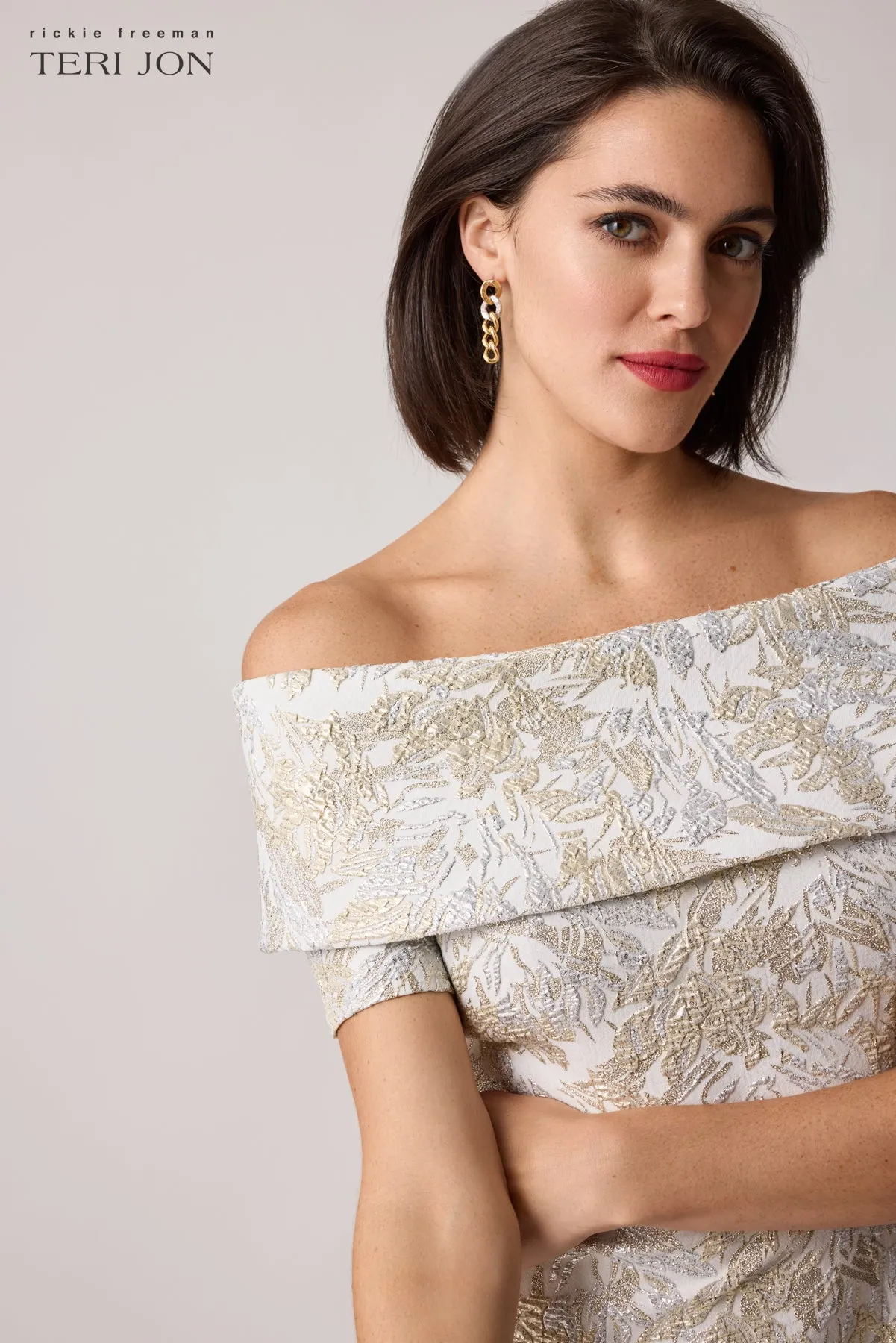 Metallic Jacquard Cuff Off Shoulder Short Sleeve Dress sold by Teri Jon product image thumbnail 4