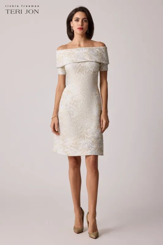 Metallic Jacquard Cuff Off Shoulder Short Sleeve Dress sold by Teri Jon