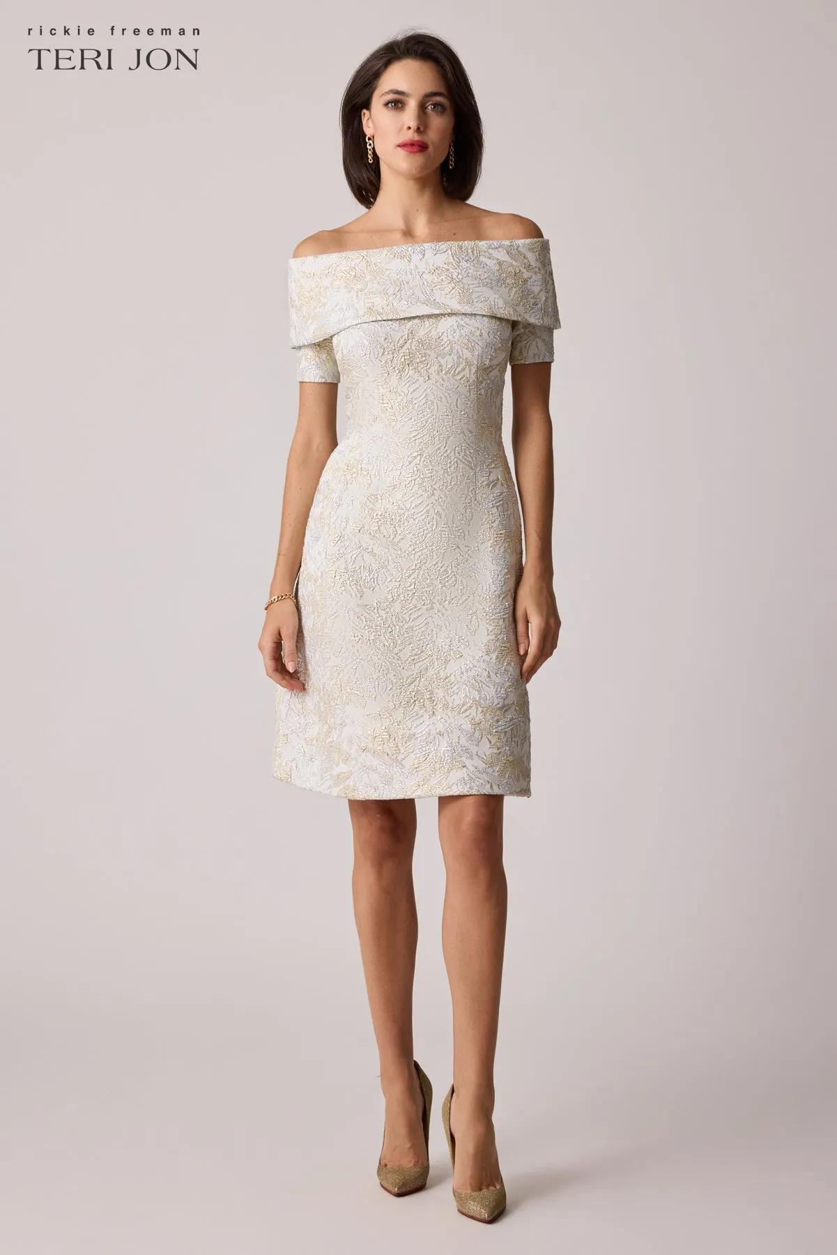 Metallic Jacquard Cuff Off Shoulder Short Sleeve Dress sold by Teri Jon