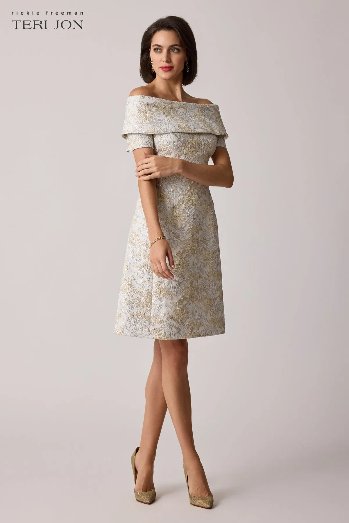 Metallic Jacquard Cuff Off Shoulder Short Sleeve Dress sold by Teri Jon product image thumbnail 3