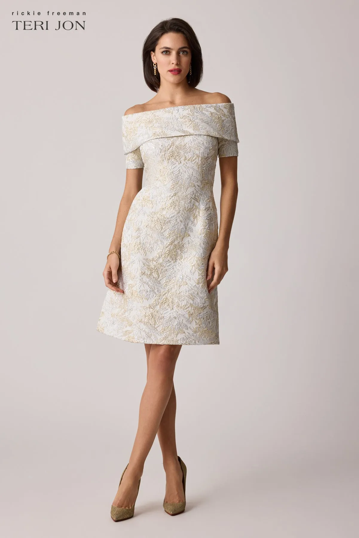 Metallic Jacquard Cuff Off Shoulder Short Sleeve Dress sold by Teri Jon product image thumbnail 2