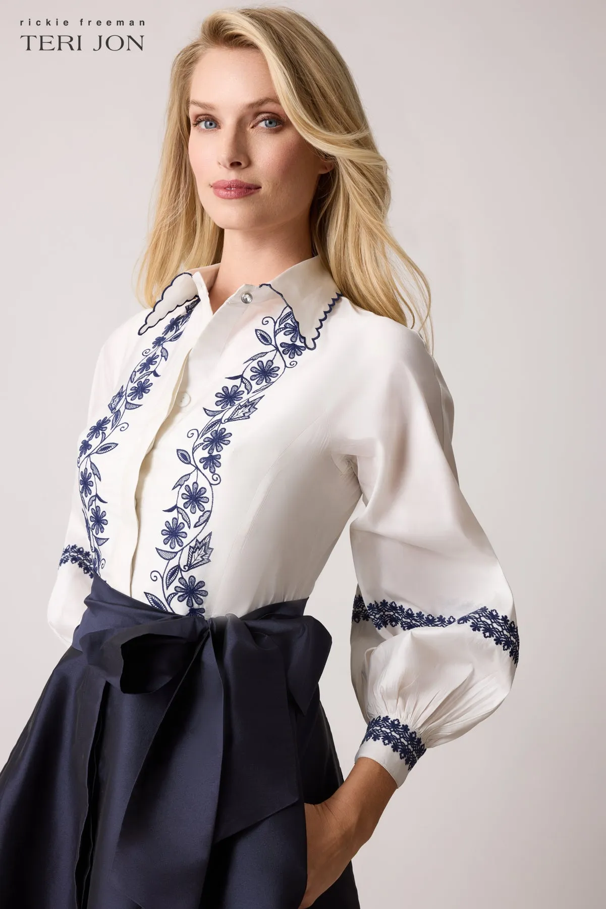 Taffeta Embroidered Shirt Waist Dress sold by Teri Jon product image thumbnail 4