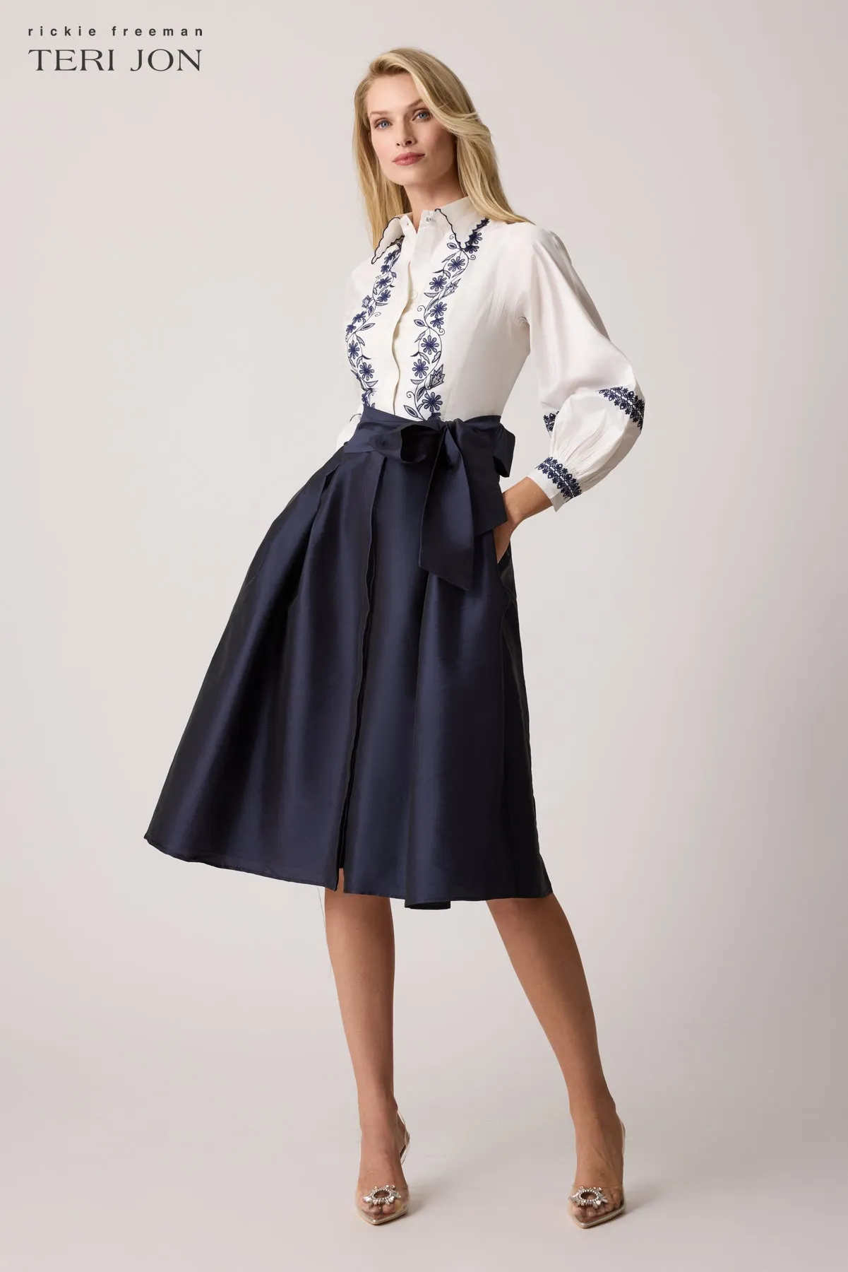 Taffeta Embroidered Shirt Waist Dress sold by Teri Jon product image thumbnail 2