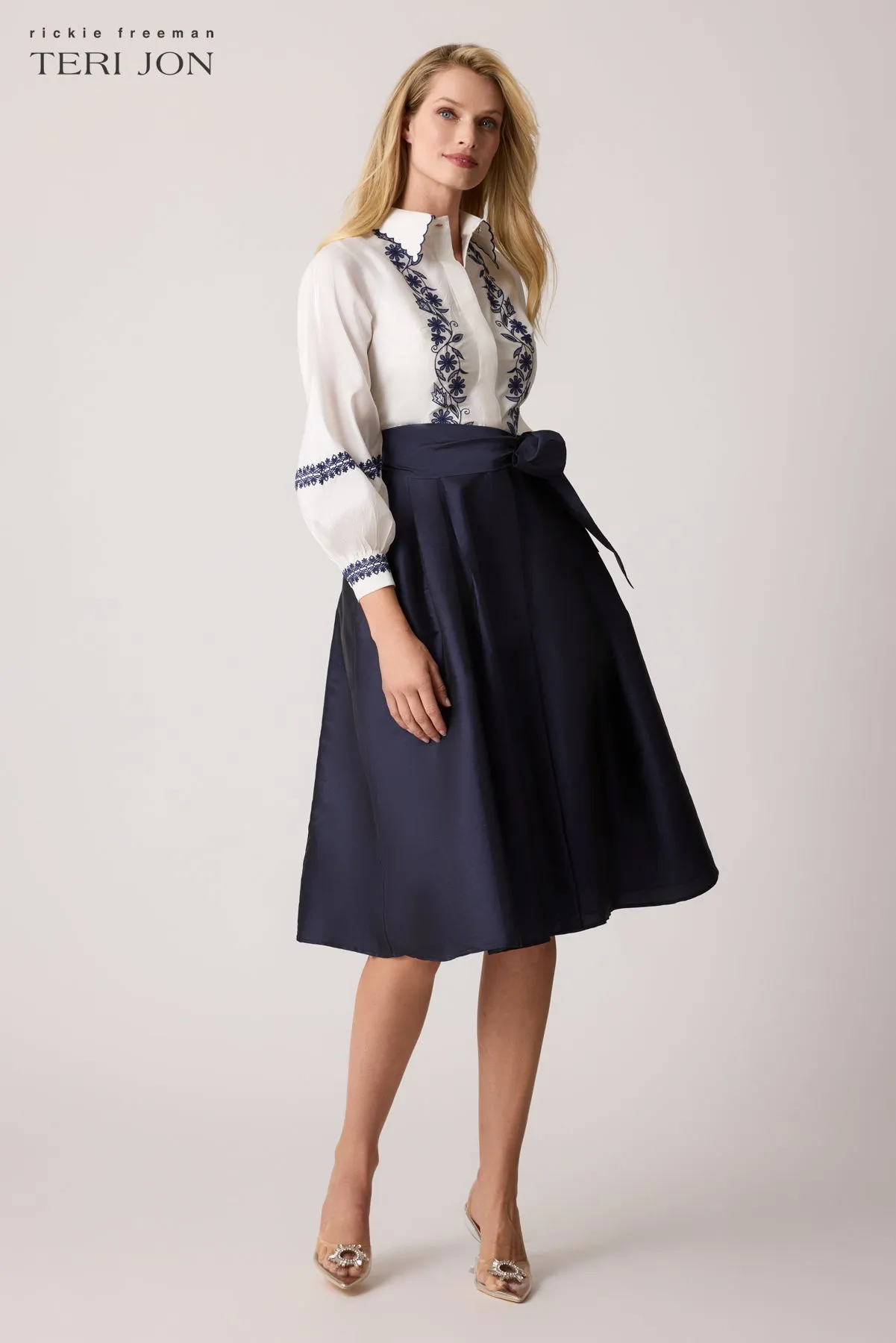 Taffeta Embroidered Shirt Waist Dress sold by Teri Jon product image thumbnail 3