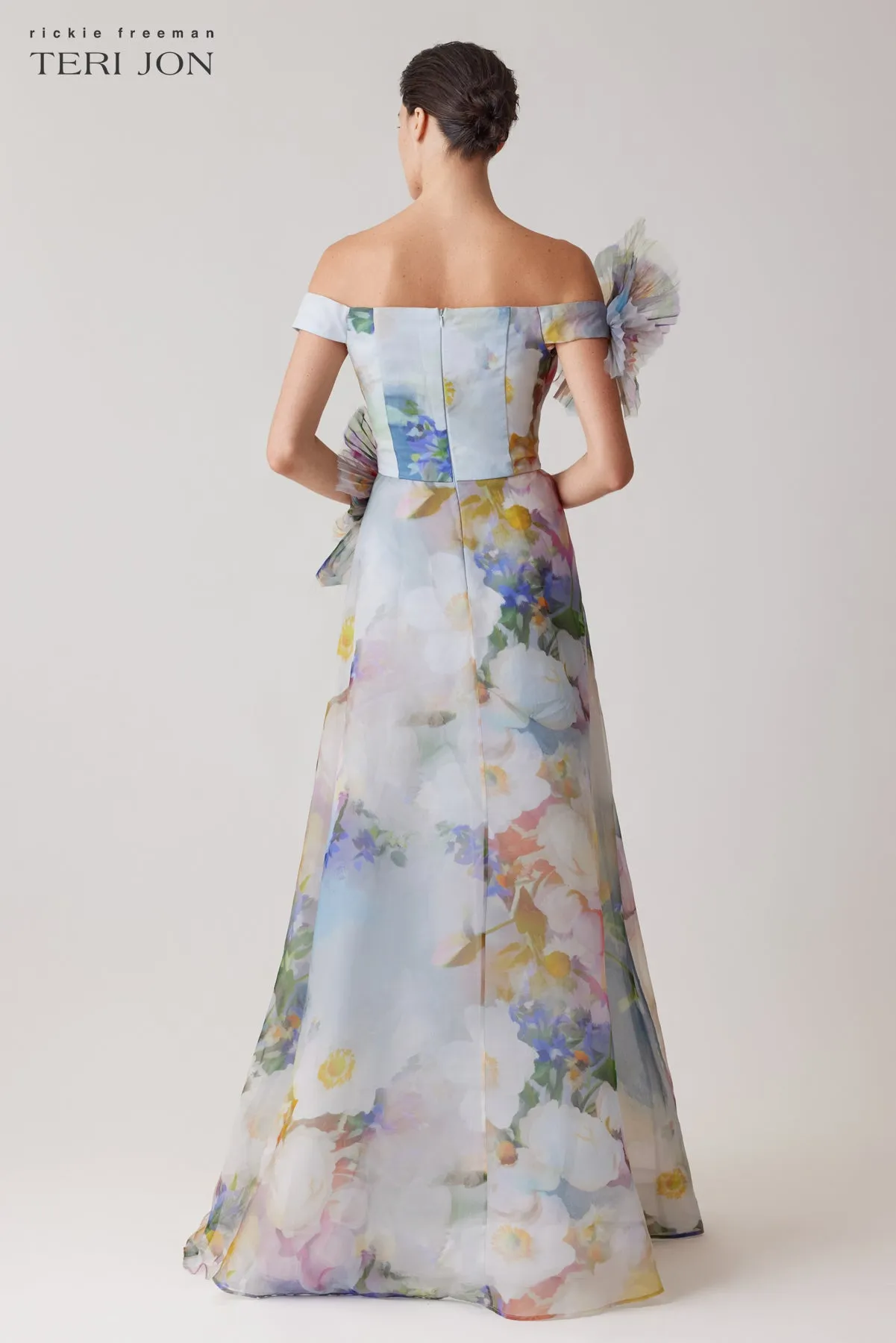 Organza Watercolor Off Shoulder 3D Flower Gown sold by Teri Jon product image thumbnail 4