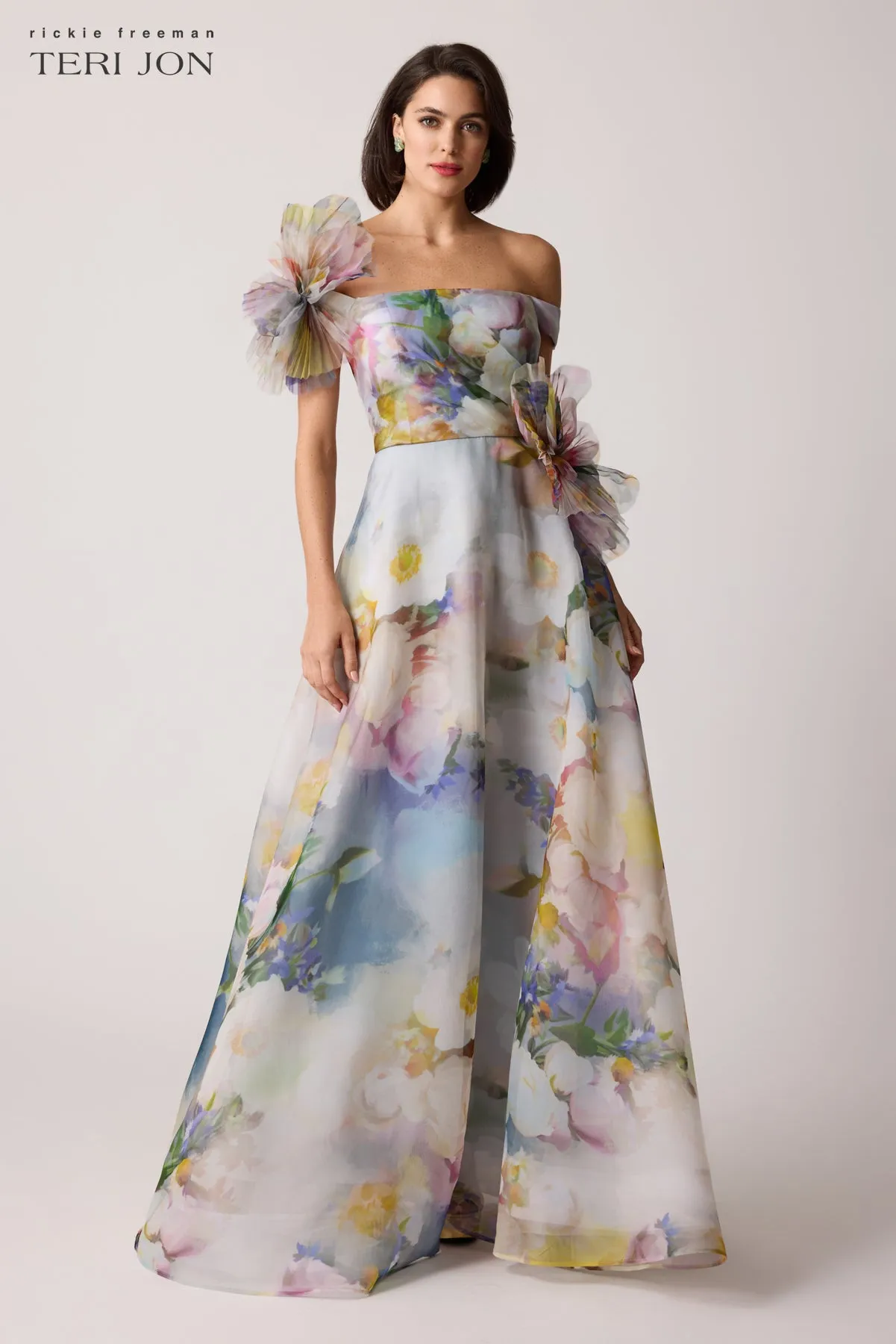 Organza Watercolor Off Shoulder 3D Flower Gown sold by Teri Jon