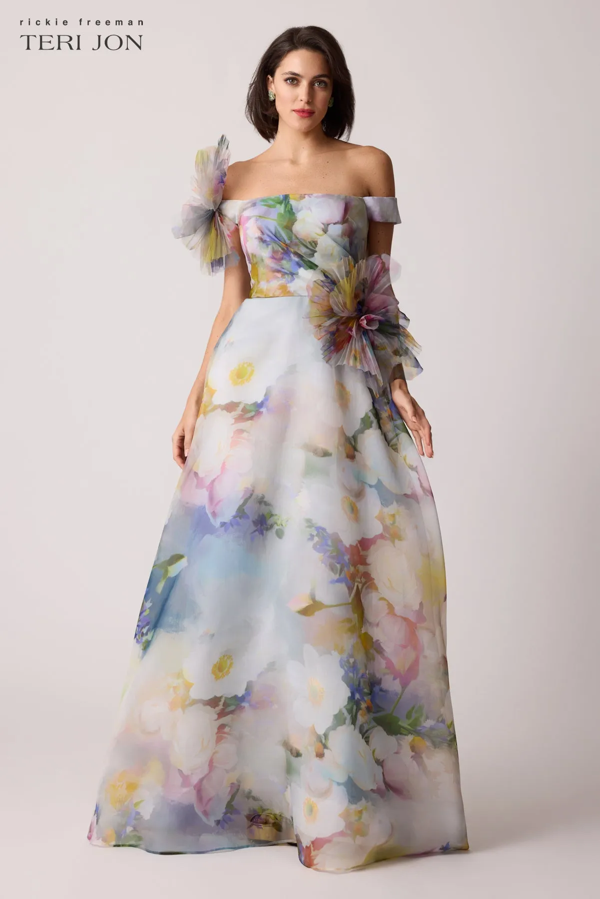 Organza Watercolor Off Shoulder 3D Flower Gown sold by Teri Jon product image thumbnail 2