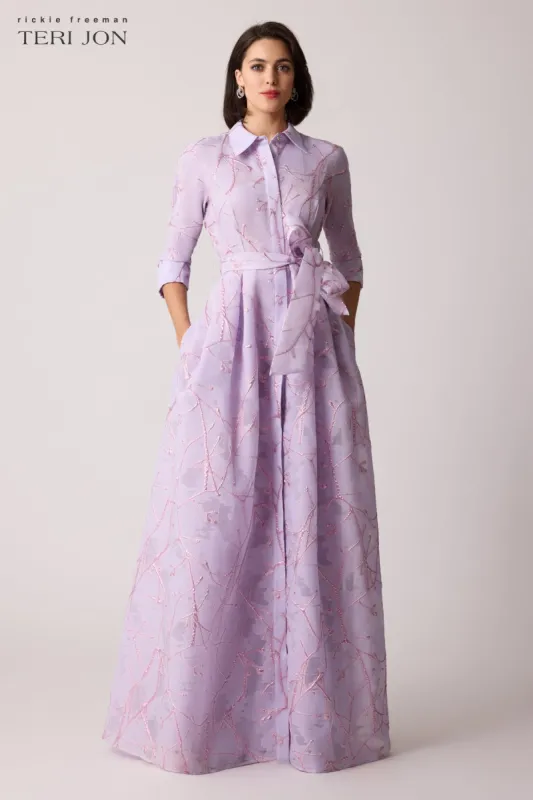 Metallic Organza Shirtwaist Gown with Branch Motif sold by Teri Jon