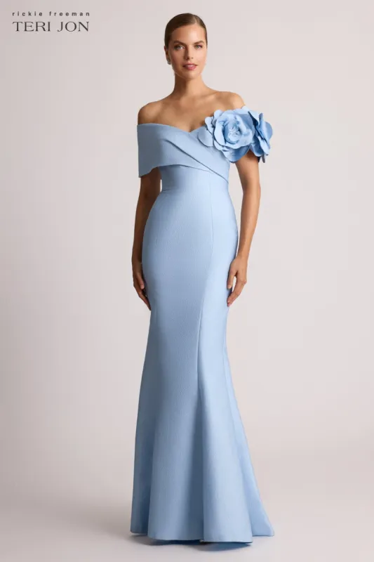 Pebble Jacquard 3D Flower Off The Shoulder Gown sold by Teri Jon