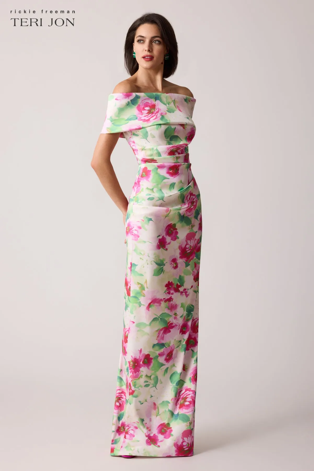 Mikado Ruched Off The Shoulder Print Stretch Gown sold by Teri Jon product image thumbnail 2