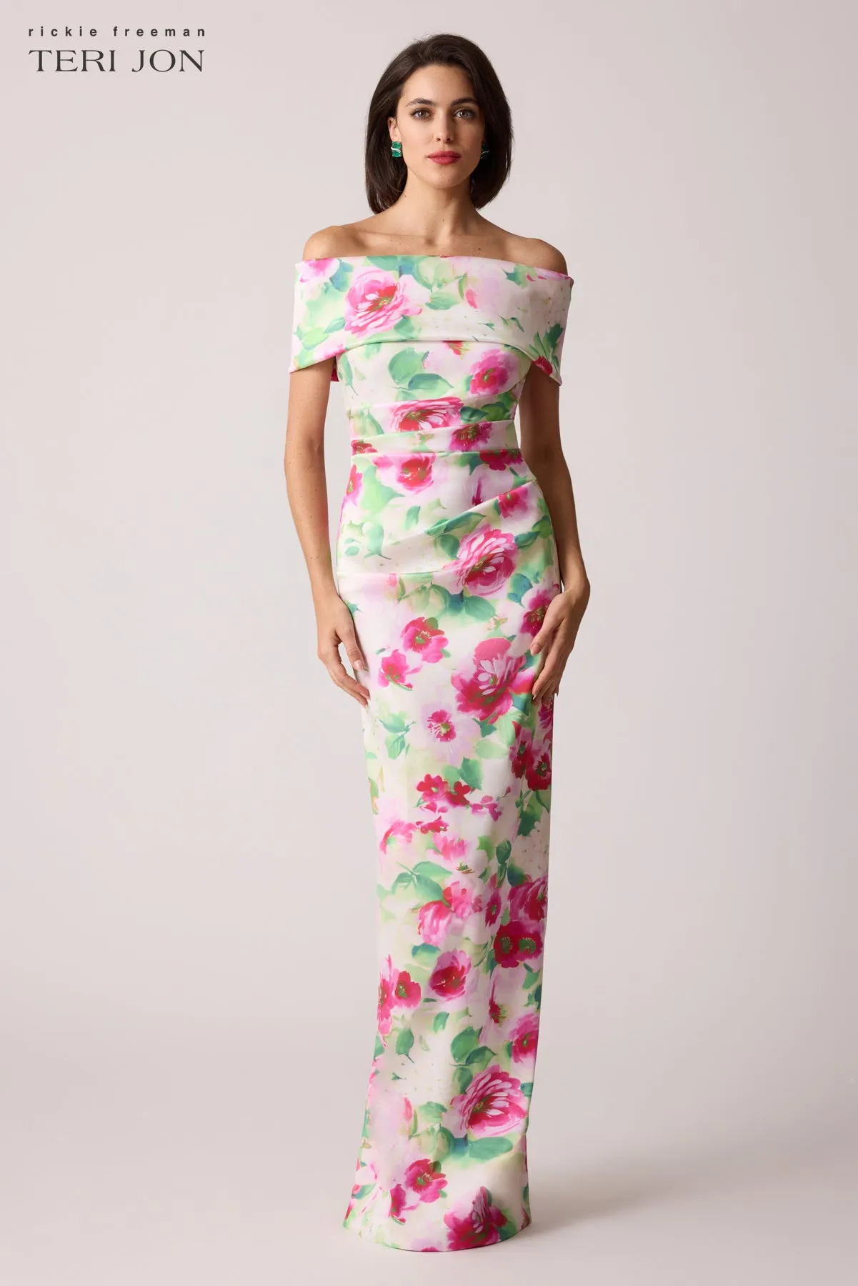 Mikado Ruched Off The Shoulder Print Stretch Gown sold by Teri Jon