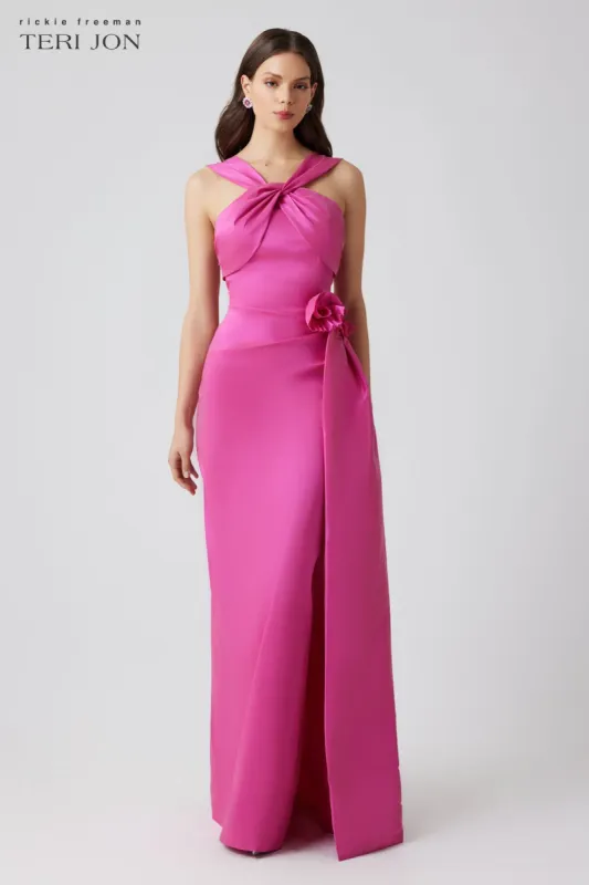 Taffeta Twist Neck Cuff Bust 3D Flower Gown sold by Teri Jon