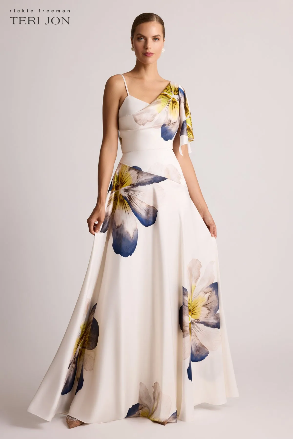 Charmeuse One Flutter Sleeve Print Gown sold by Teri Jon