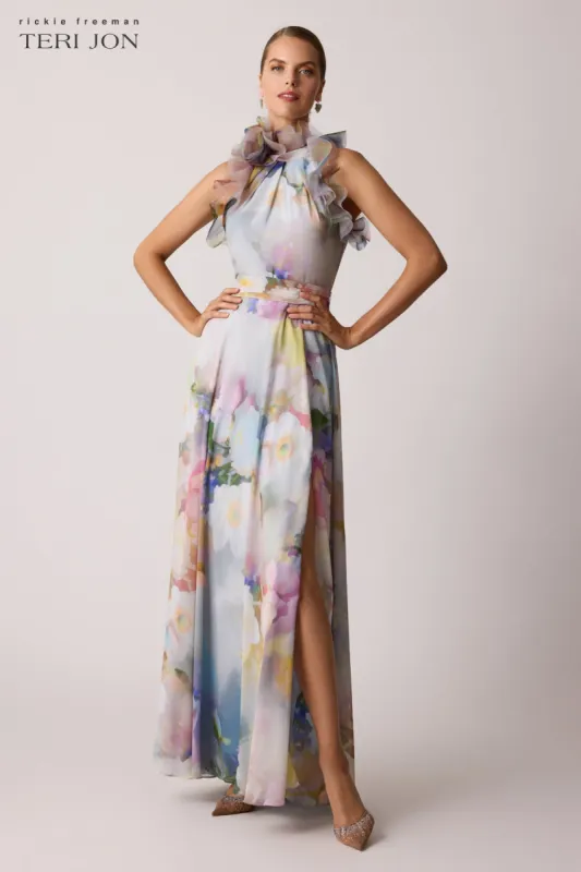 Chiffon Watercolor Organza Halter Gown sold by Teri Jon