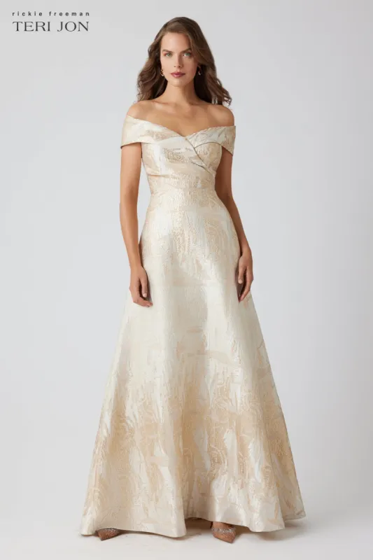 Metallic Jacquard Cuff Off Shoulder A-Line Gown sold by Teri Jon