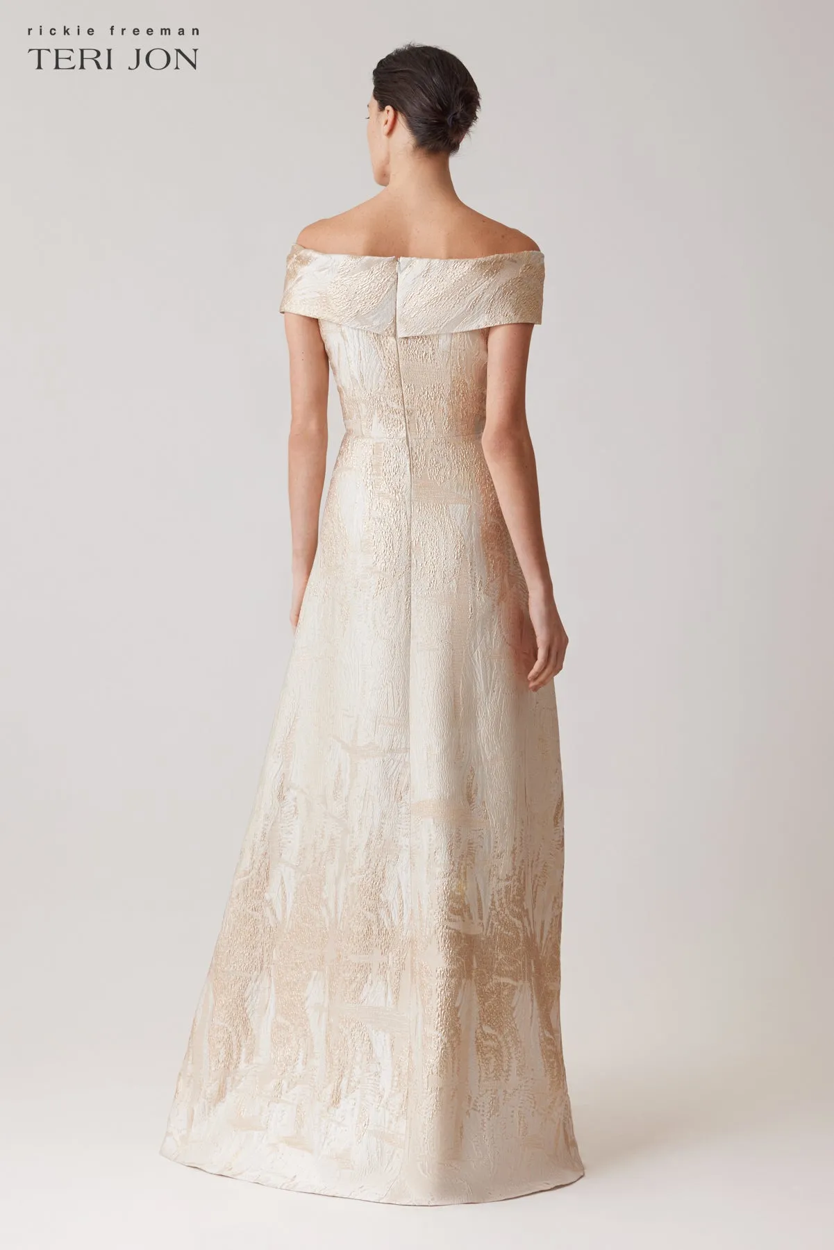Metallic Jacquard Cuff Off Shoulder A-Line Gown sold by Teri Jon product image thumbnail 3