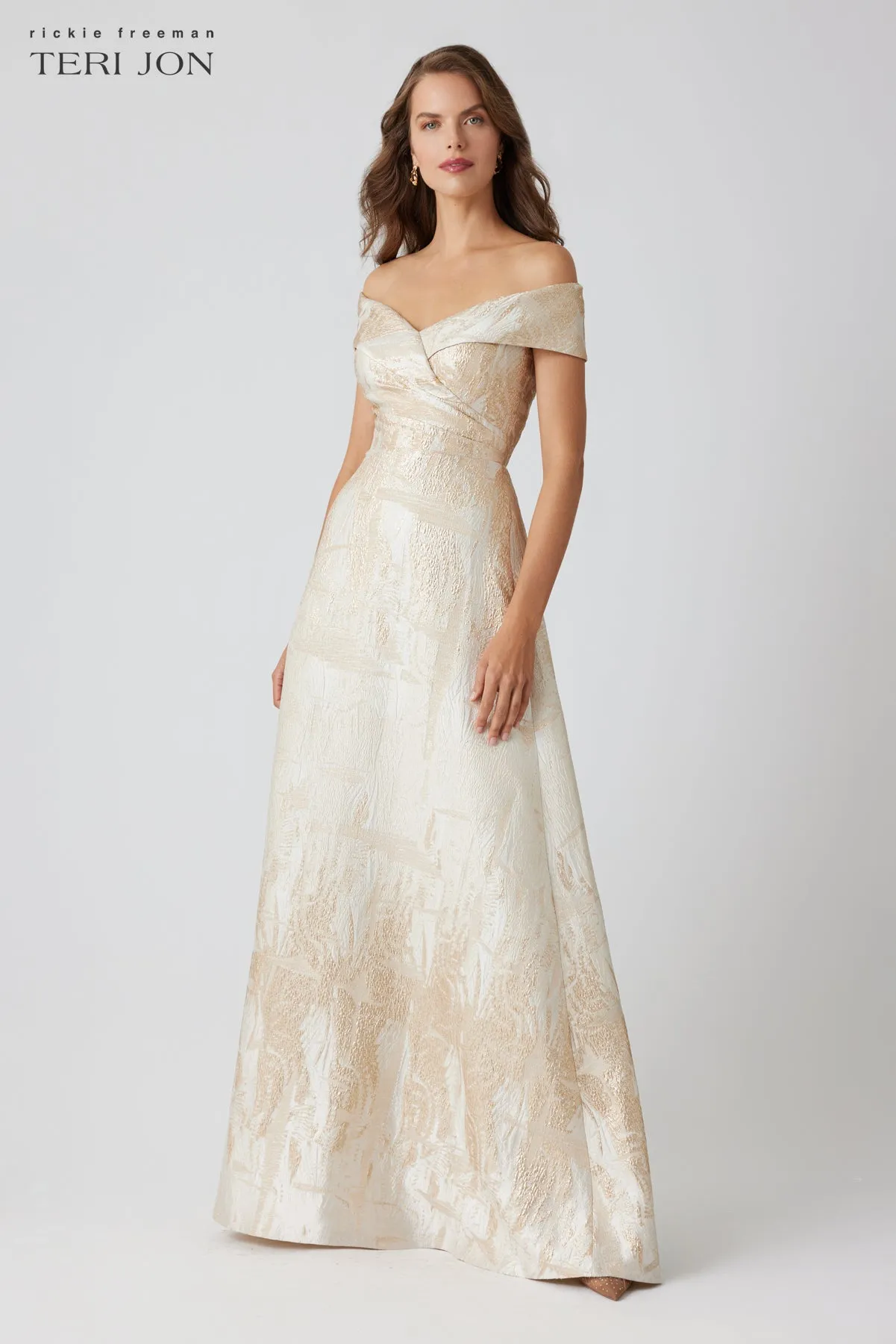 Metallic Jacquard Cuff Off Shoulder A-Line Gown sold by Teri Jon product image thumbnail 2