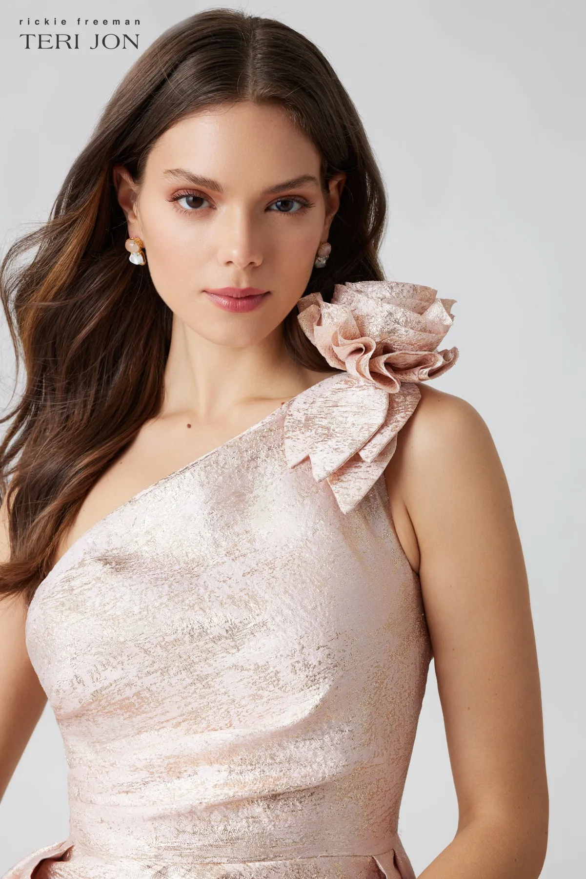 Metallic Jacquard One Shoulder 3D Flower Overlay Gown sold by Teri Jon product image thumbnail 3