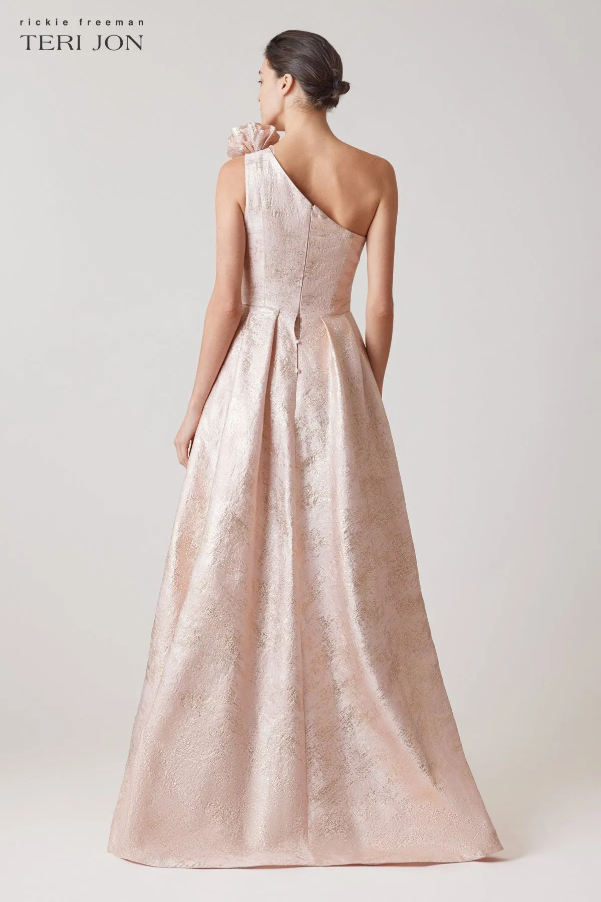 Metallic Jacquard One Shoulder 3D Flower Overlay Gown sold by Teri Jon product image thumbnail 5