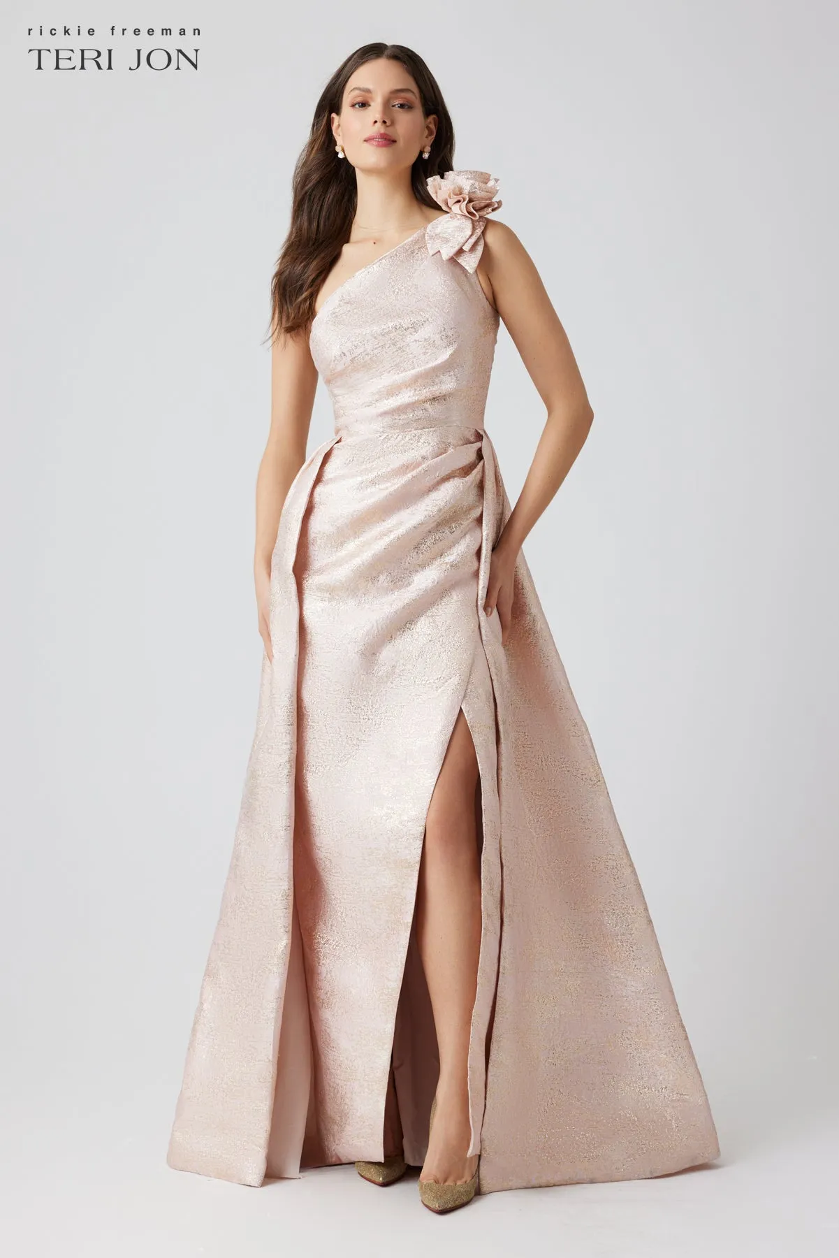 Metallic Jacquard One Shoulder 3D Flower Overlay Gown sold by Teri Jon product image thumbnail 2