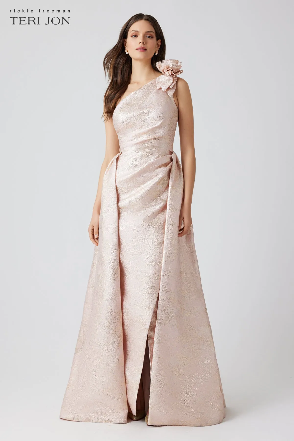 Metallic Jacquard One Shoulder 3D Flower Overlay Gown sold by Teri Jon