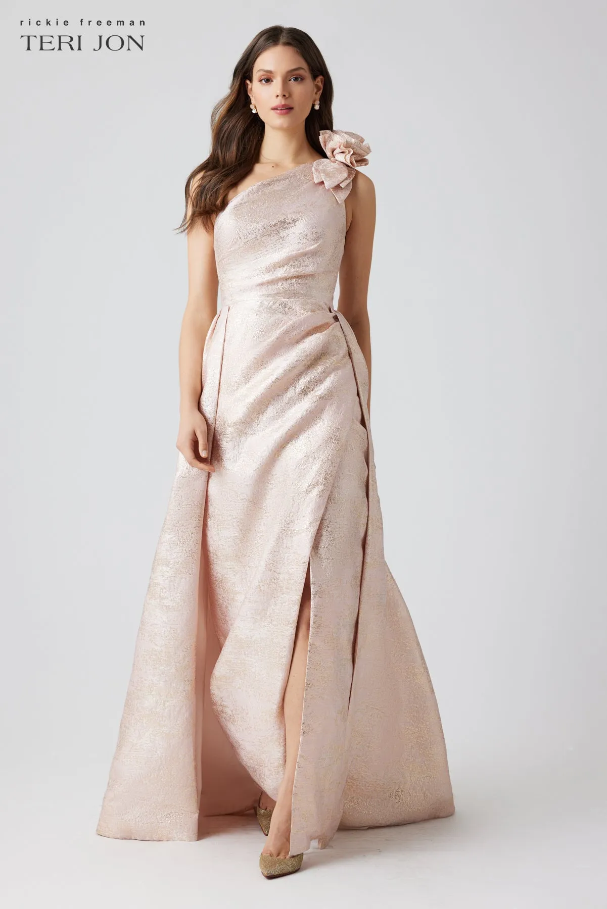 Metallic Jacquard One Shoulder 3D Flower Overlay Gown sold by Teri Jon product image thumbnail 4