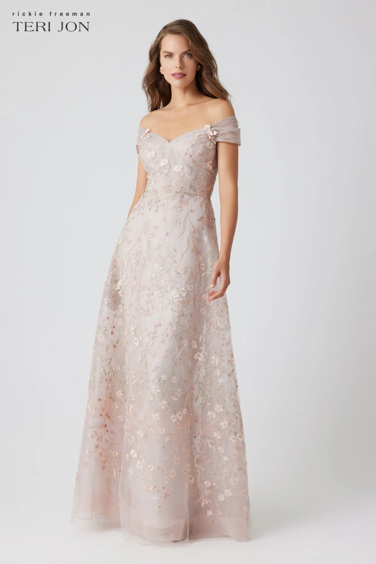 Floral Embroidered Tulle V-Neck A-Line Gown sold by Teri Jon product image thumbnail 2