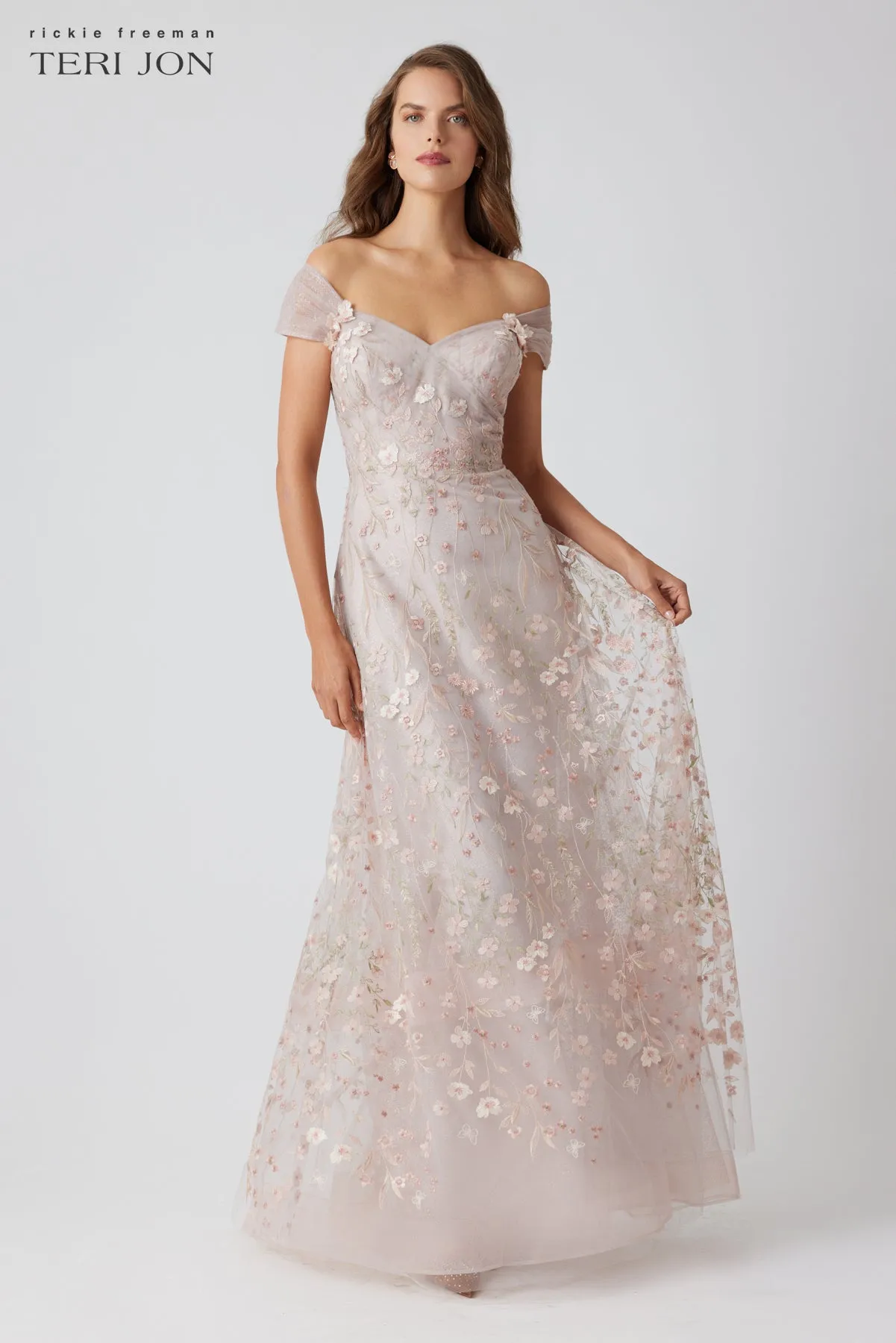 Floral Embroidered Tulle V-Neck A-Line Gown sold by Teri Jon