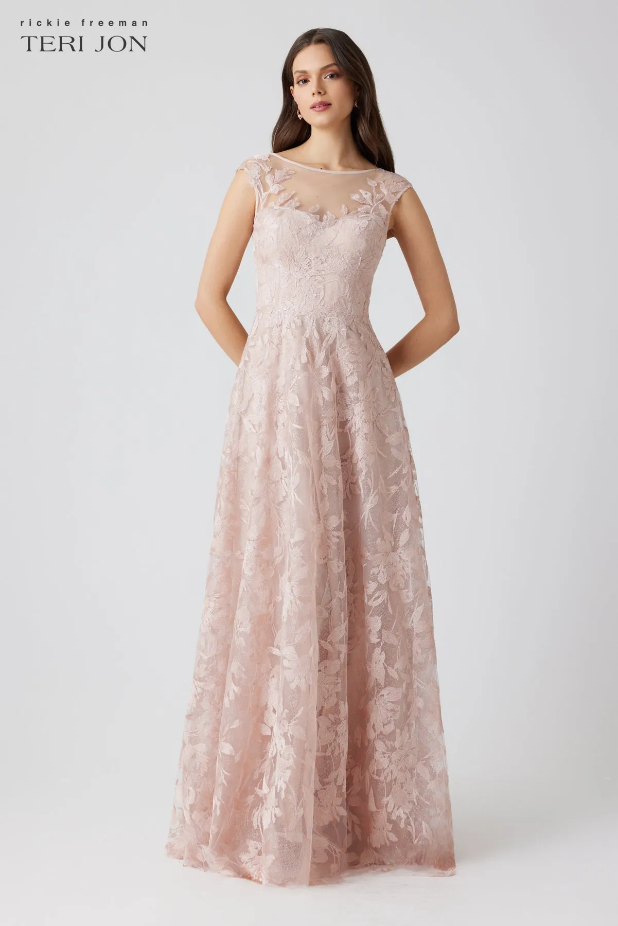 Metallic Tulle Leaf Pattern Sleeve Gown sold by Teri Jon product image thumbnail 3