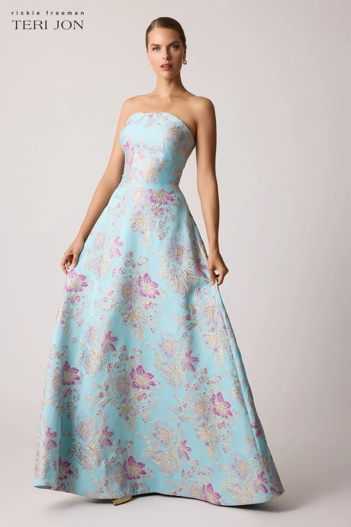 Sleeveless Metallic Multi Jacquard Gown sold by Teri Jon