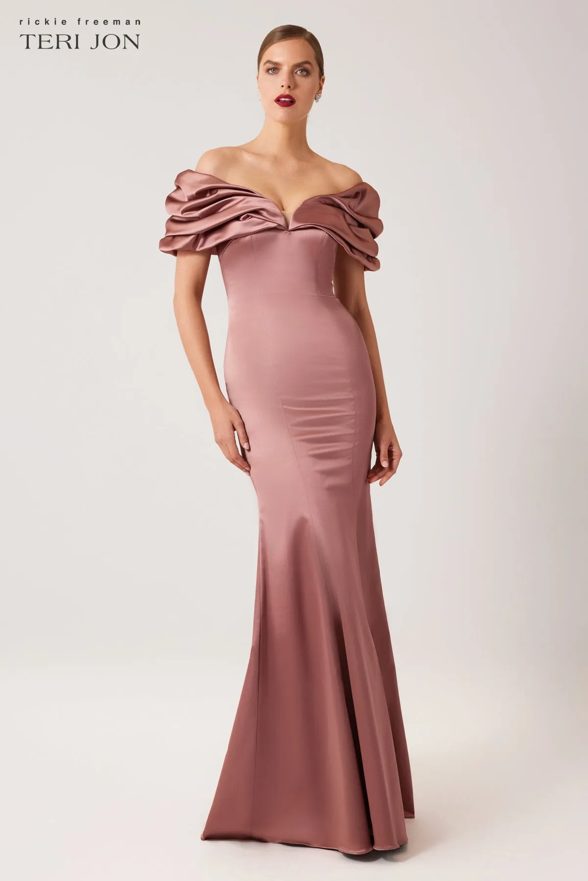 Stretch Satin Off Shoulder Crunch Mermaid sold by Teri Jon product image thumbnail 5