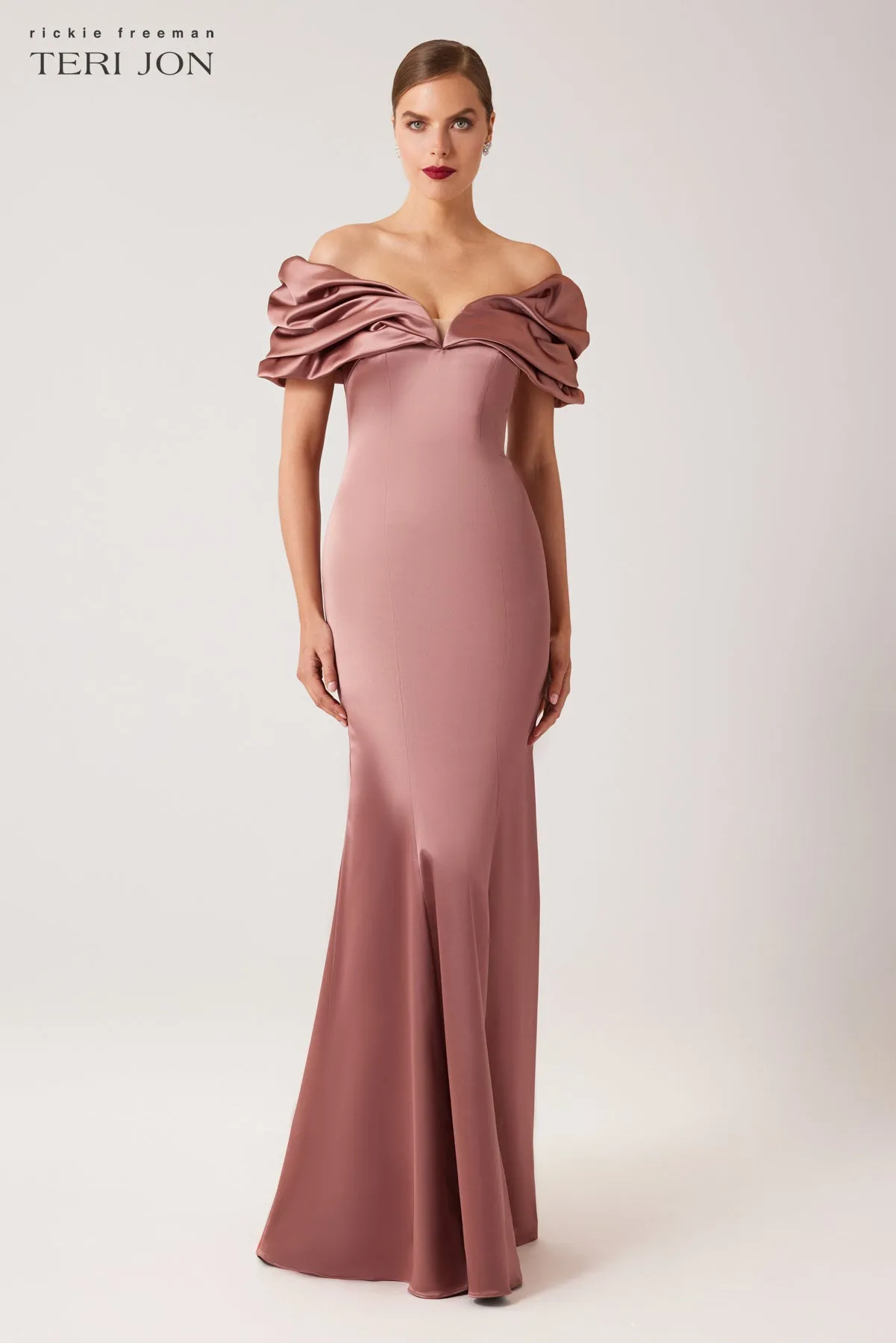 Stretch Satin Off Shoulder Crunch Mermaid sold by Teri Jon product image thumbnail 4