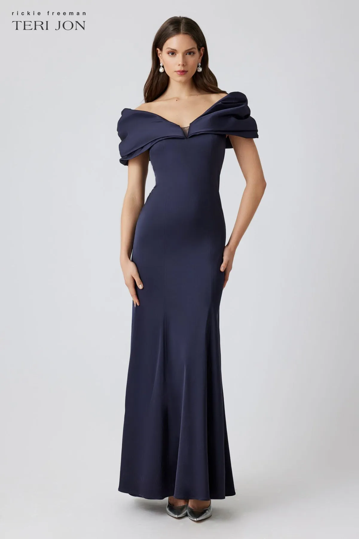 Stretch Satin Off Shoulder Crunch Mermaid sold by Teri Jon