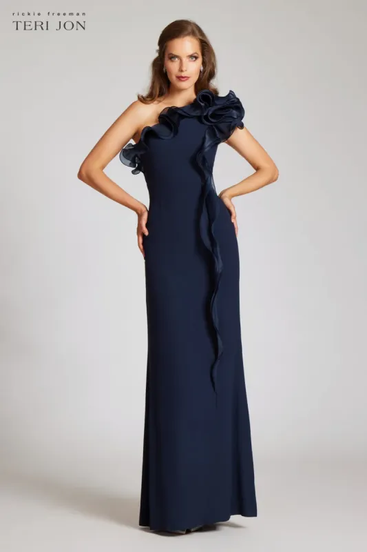 Crepe Column Gown With Organza sold by Teri Jon