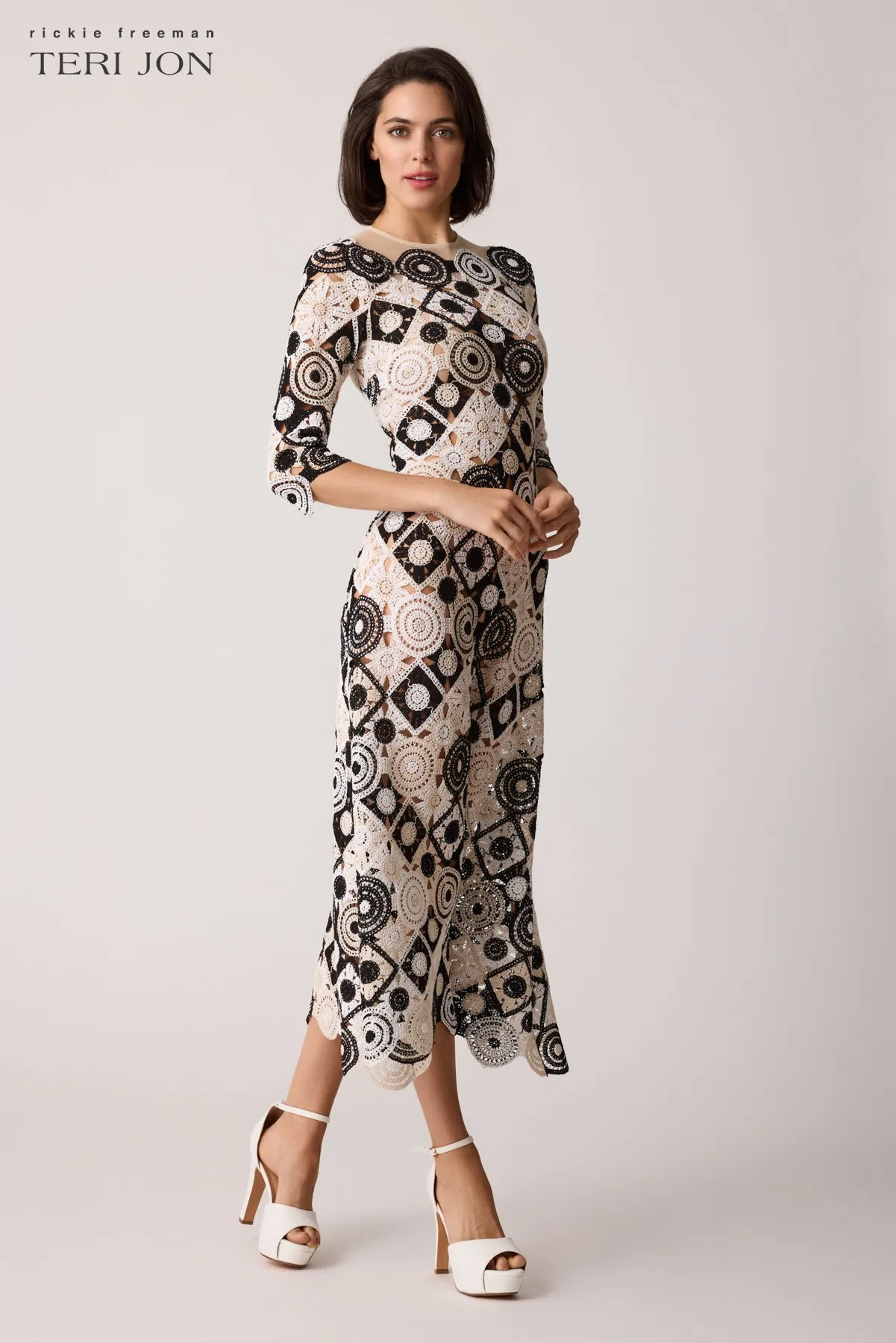 Crochet Geometric Print Midi Scallop Dress sold by Teri Jon product image thumbnail 3
