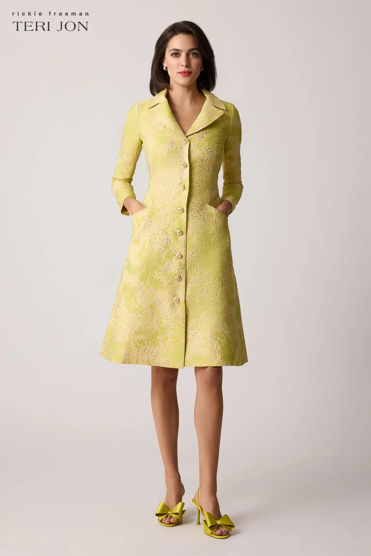 Metallic Jacquard Gold Button Coat Dress sold by Teri Jon