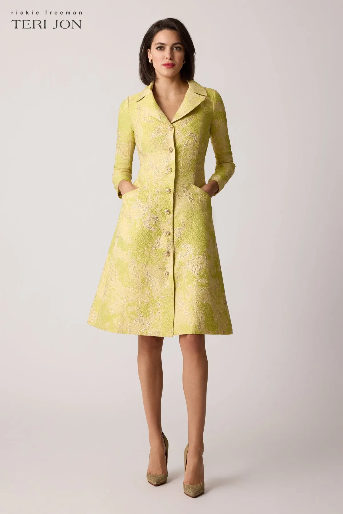 Metallic Jacquard Gold Button Coat Dress sold by Teri Jon product image thumbnail 2