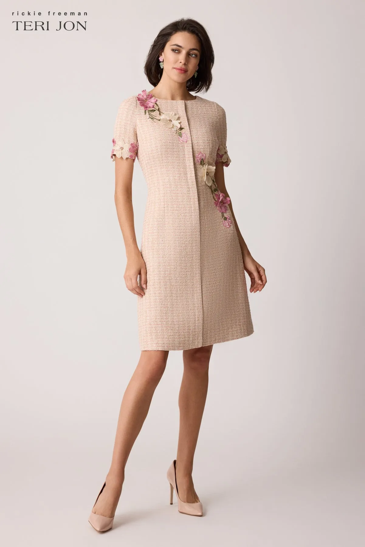 Tweed Diagonal Floral Applique Dress sold by Teri Jon