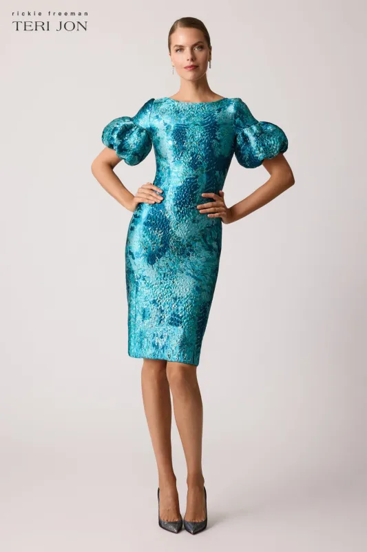 Floral Jacquard Puff Sleeve Dress sold by Teri Jon