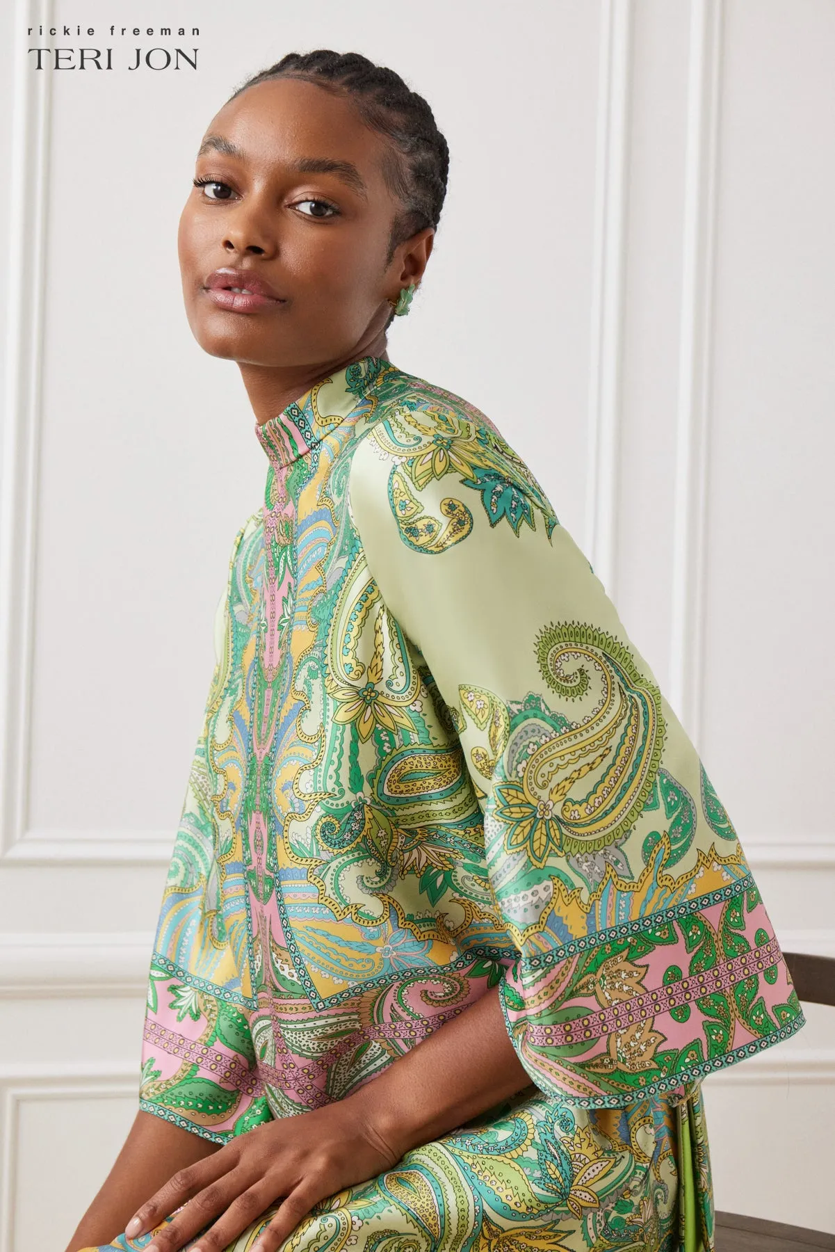 Twill Mock Neck Paisley Print Dress sold by Teri Jon product image thumbnail 5