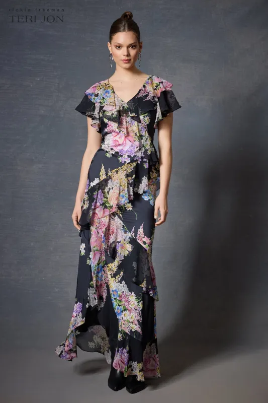 Chiffon V-Neck Ruffle Gown sold by Teri Jon