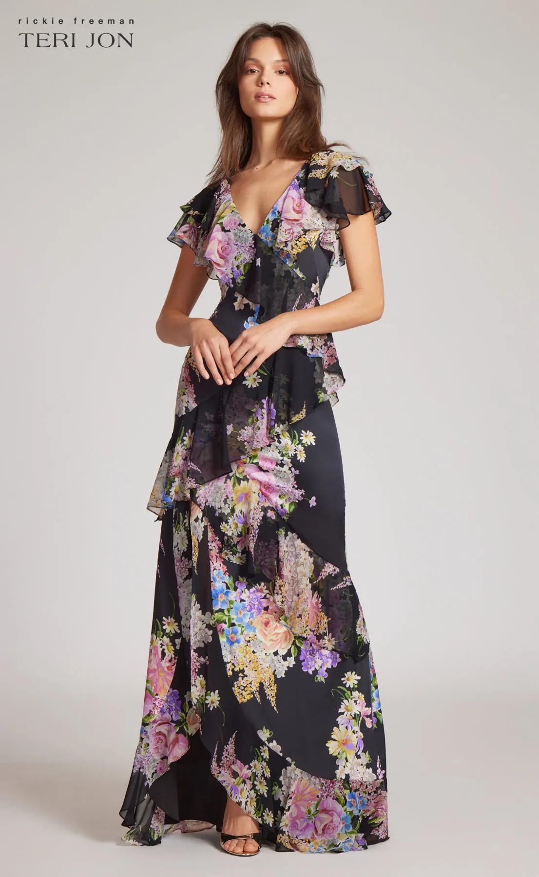 Chiffon V-Neck Ruffle Gown sold by Teri Jon product image thumbnail 2