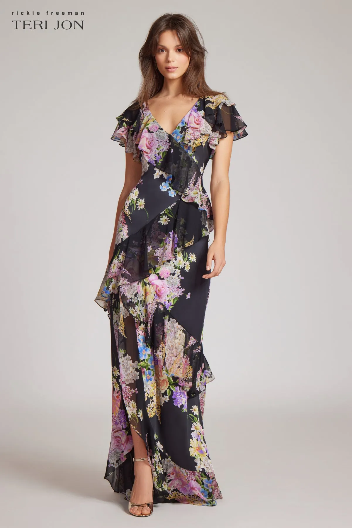 Chiffon V-Neck Ruffle Gown sold by Teri Jon product image thumbnail 4