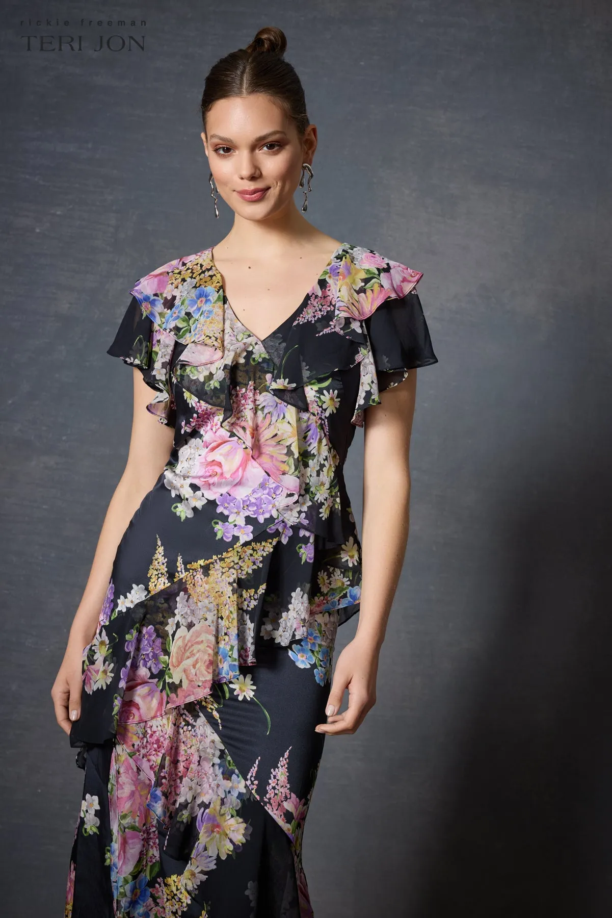 Chiffon V-Neck Ruffle Gown sold by Teri Jon product image thumbnail 3