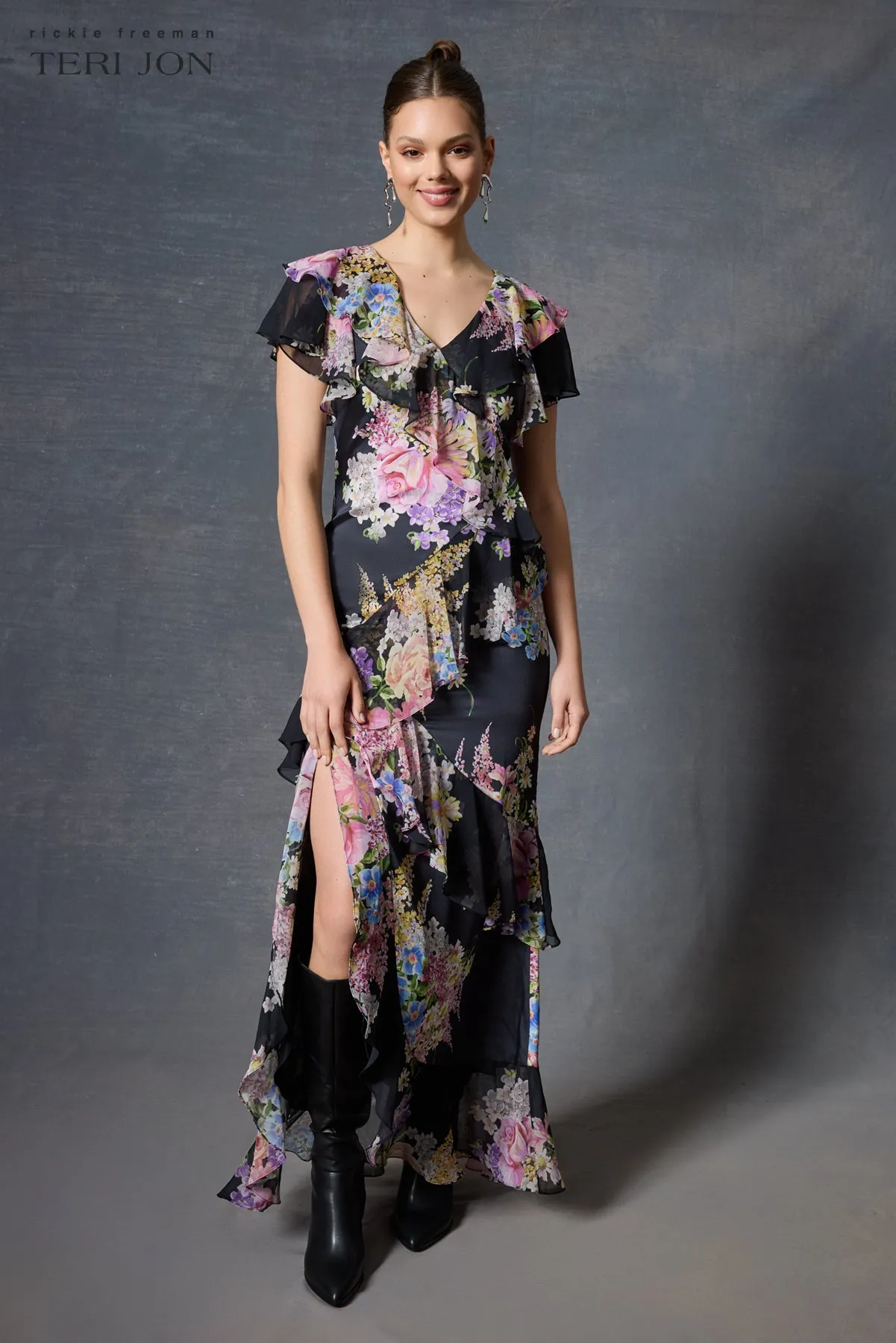 Chiffon V-Neck Ruffle Gown sold by Teri Jon product image thumbnail 5