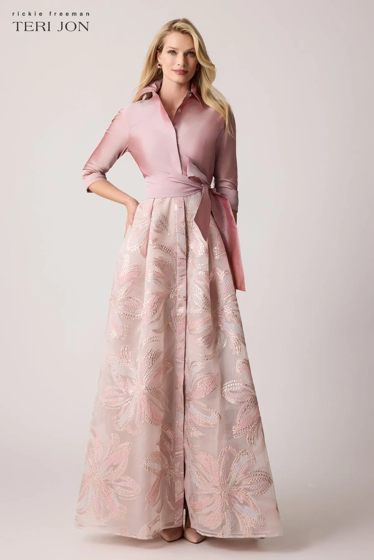 Metallic Taffeta Floral Organza Shirt Waist Gown sold by Teri Jon product image thumbnail 2