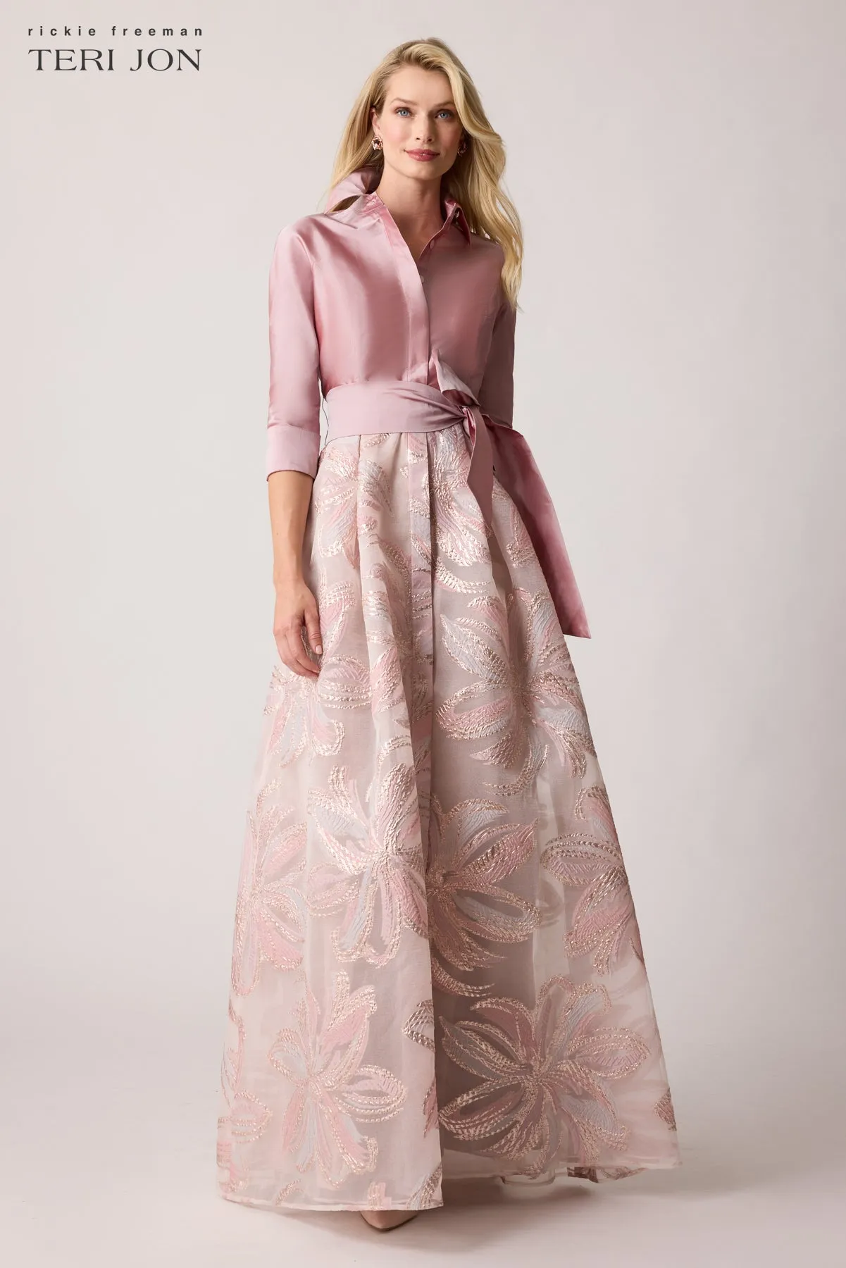 Metallic Taffeta Floral Organza Shirt Waist Gown sold by Teri Jon